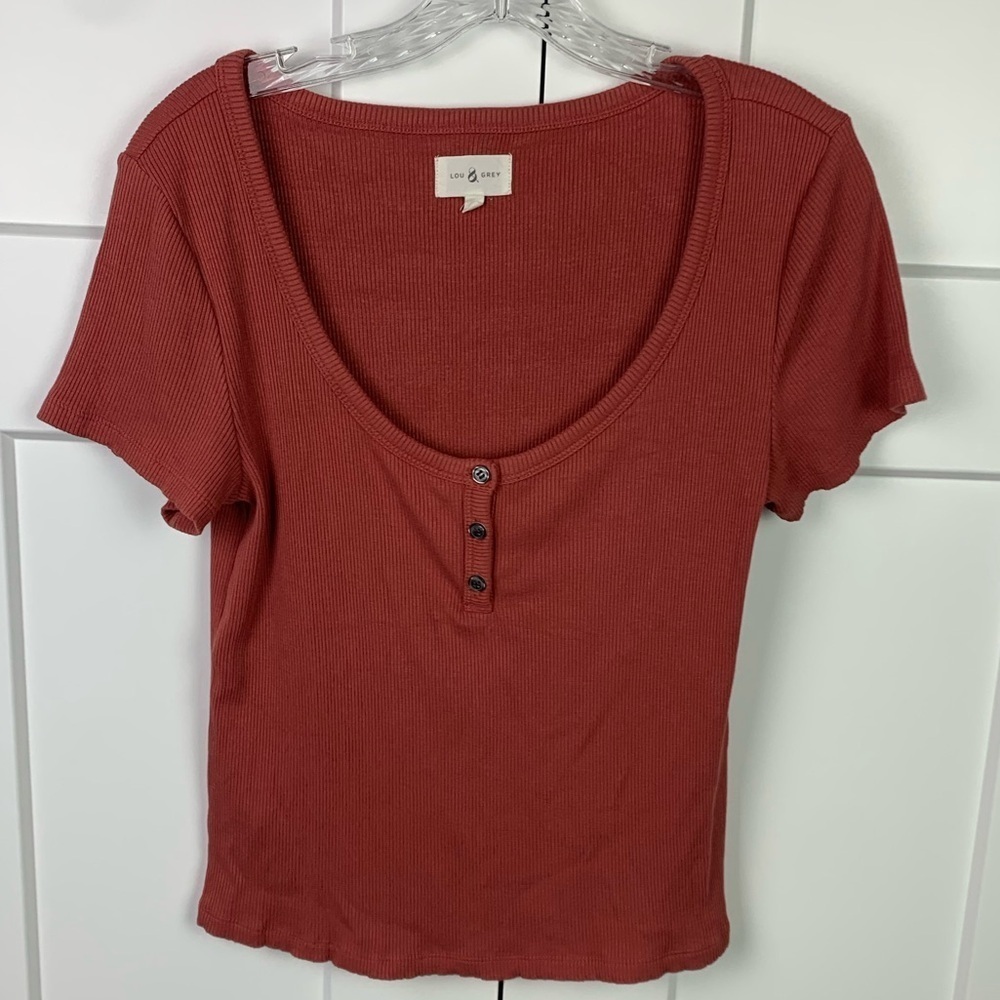 Lou & Grey LARGE scoop Neck Henley Tee Orange Ribbed Short Sleeve